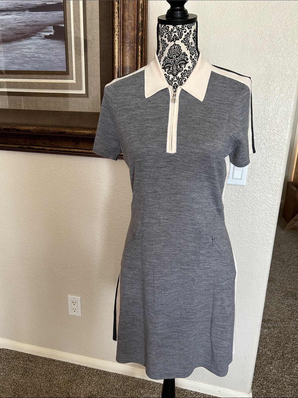 G/FORE 2-tone Heather Gray Polo Knit Dress with Ivory Trim